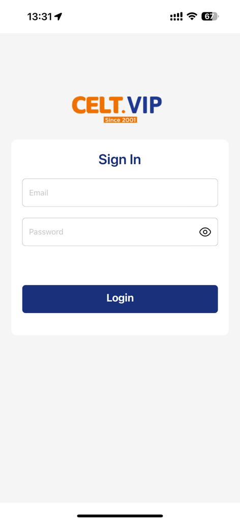 CELT VIP - The sign in page of the CELT VIP mobile app featuring email and password input fields and a login button.
