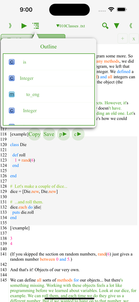 Ruby IDE Fresh Edition - Ruby IDE Fresh Edition mobile application interface showing code editor and outline window
