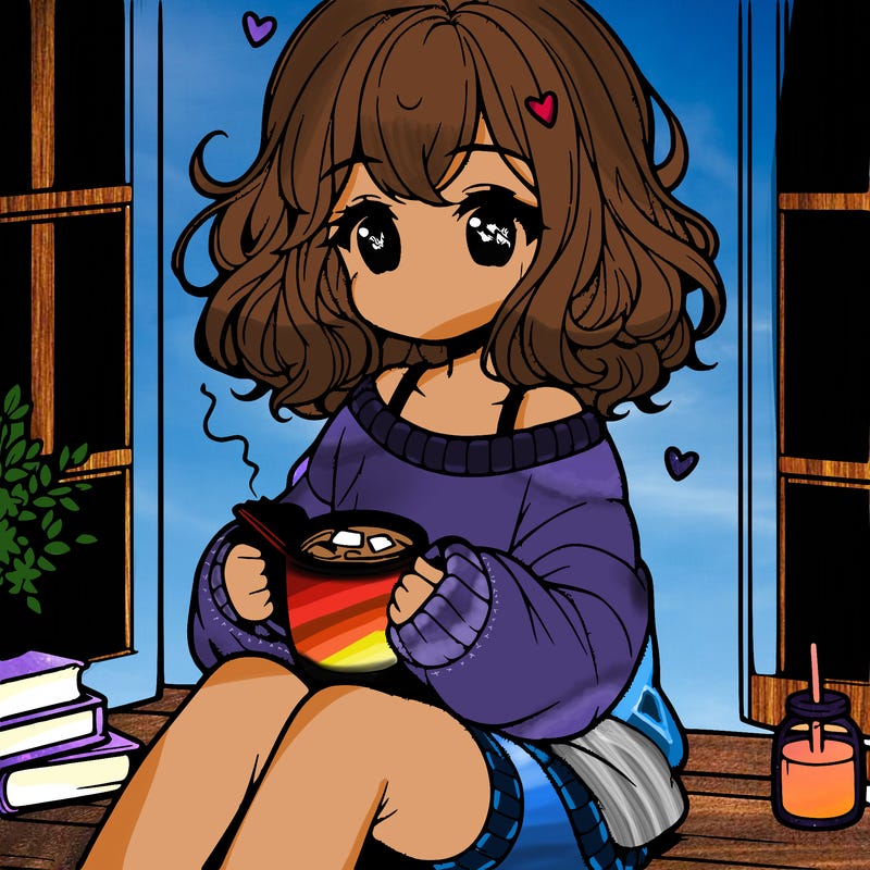 cute anime girl reading book and drinking hot chocolate from mug with loose wavy hair wearing a baggy sweatshirt and shorts sitting by windowsill looking out