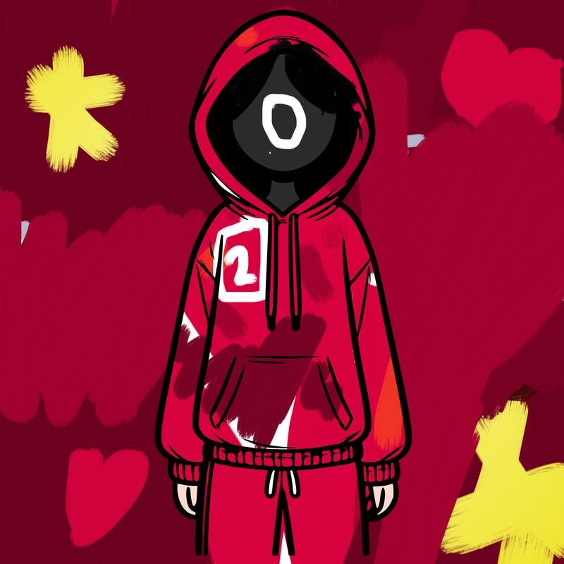 faceless girl in a tracksuit with a hood on and no hair