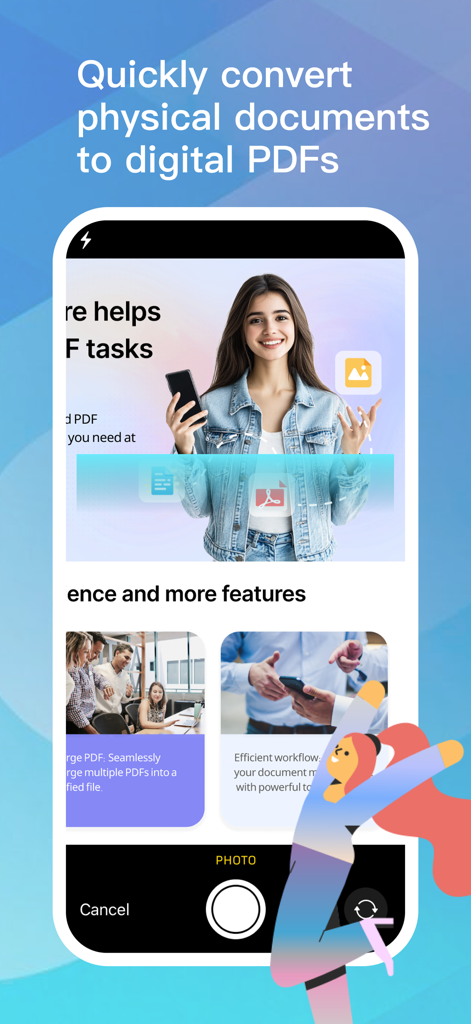 FlowPDFモバイルアプリのスクリーンショット。ドキュメントからPDFへの変換とファイル結合機能を示しています。