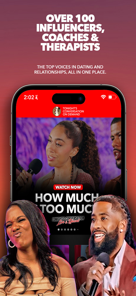 Smartphone showing the Tonight's Conversation app interface with Black relationship influencers and experts.