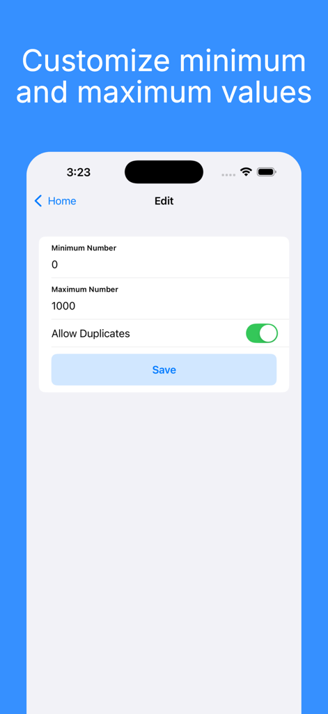 A mobile interface for customizing minimum and maximum number values and toggling duplicate entries in the Simple Giveaway Generator app.