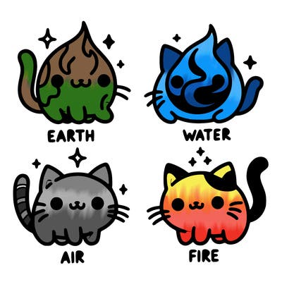 4 cats that represent the different elements, earth, water, air, and fire