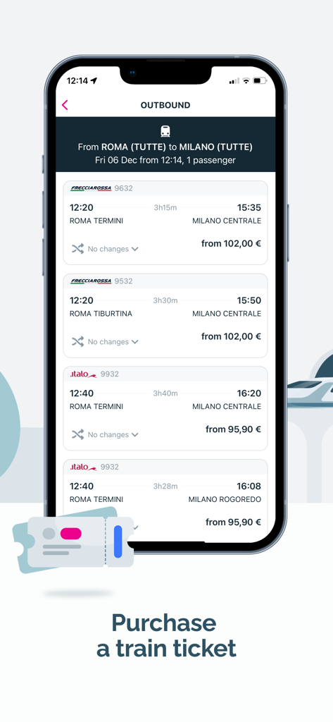 URBI - your mobility solution - Tela do aplicativo URBI mostrando resultados de busca de passagens de trem de Roma para Milão com preços e horários.