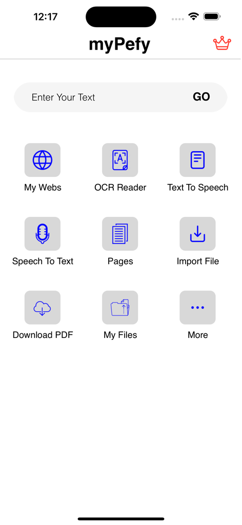 myPefy: Web to PDF Convert - Tableau de bord principal de l'application myPefy avec des icônes pour le lecteur OCR, la synthèse vocale, la reconnaissance vocale et les outils de conversion PDF.