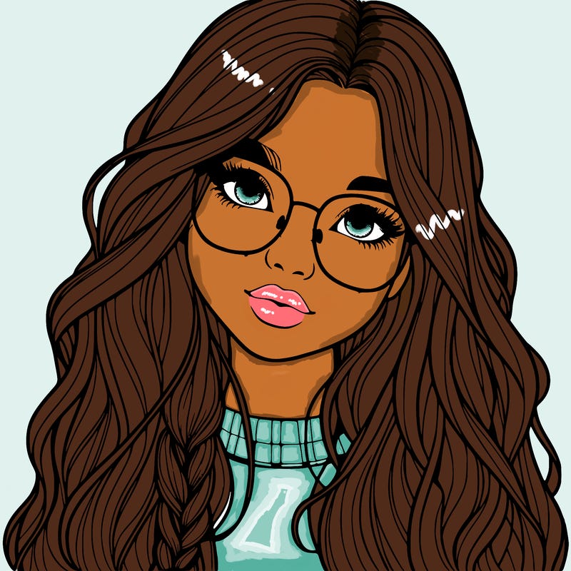 girl with long hair and freckles and glasses realistic