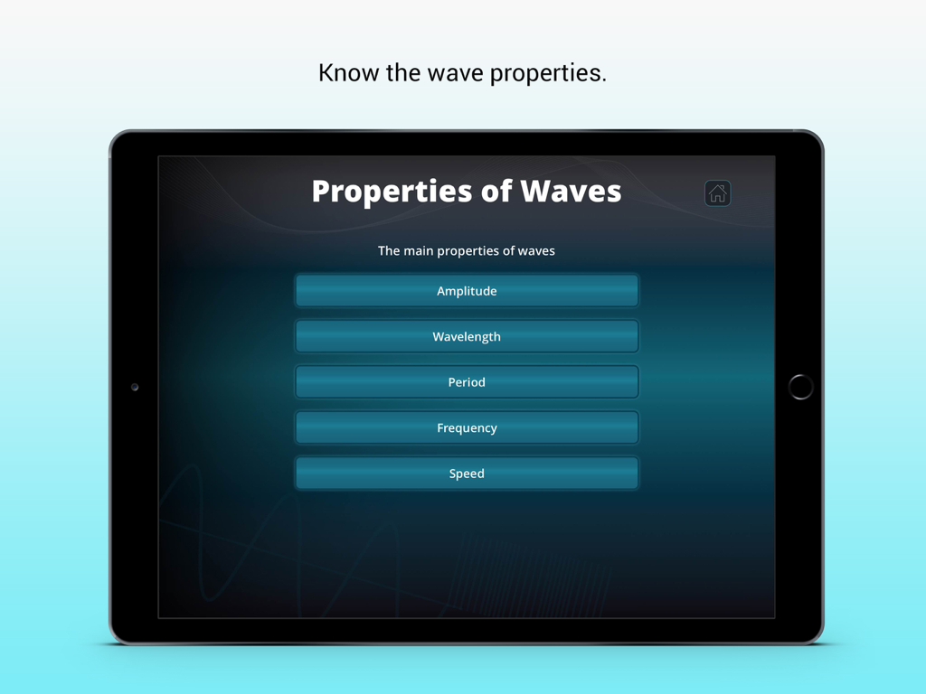 Properties Of Waves - Main menu of the Properties of Waves app listing topics like amplitude wavelength and frequency