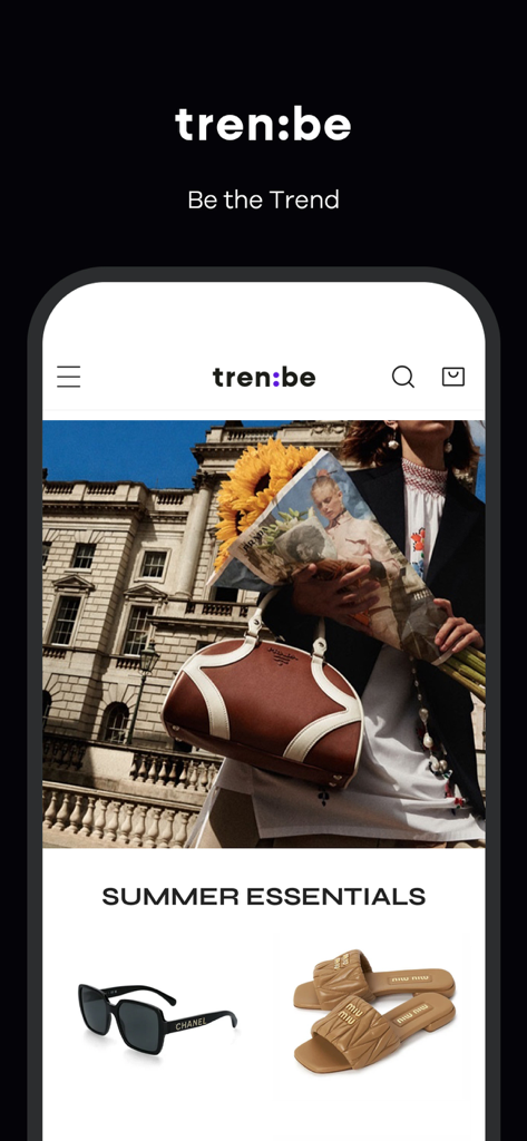 Trenbe app interface showcasing summer luxury fashion essentials including a Prada handbag, Chanel sunglasses, and Miu Miu sandals.