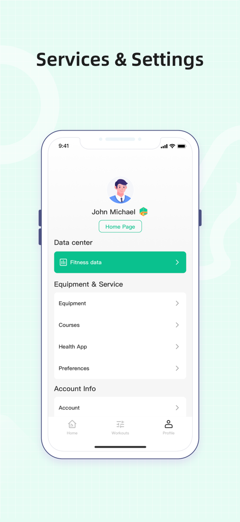 WELLFIT FITNESS - WELLFIT FITNESS app profile page showing services and settings including fitness data equipment management and account info