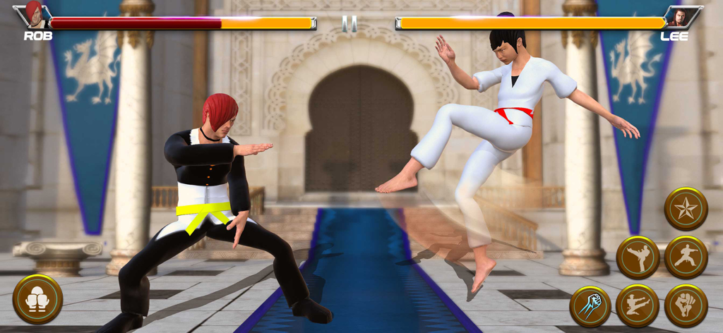 Capture d'écran du gameplay de Karate Kings Fight 26 montrant une bataille d'arts martiaux entre deux combattants Rob et Lee.