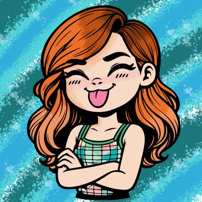 realistic girl crossing her arms and wearing a tank top with her tongue held out she has long hair