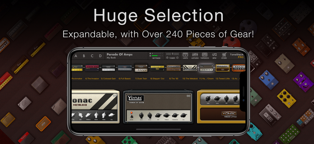 ToneStack PRO Guitar Amps & FX - Interfaz de la aplicación móvil ToneStack PRO mostrando una gran selección de amplificadores de guitarra virtuales y pedales de efectos