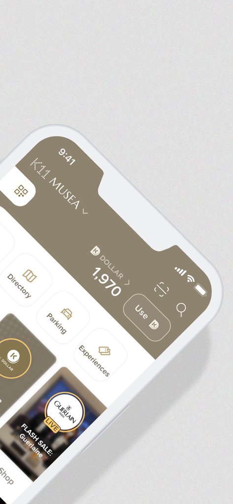 K11 HK - Die mobile App-Oberfläche von K11 HK, die einen K Dollar-Guthabenstand der Mitgliedschaft und Schnelllinks für Verzeichnis und Parken zeigt.