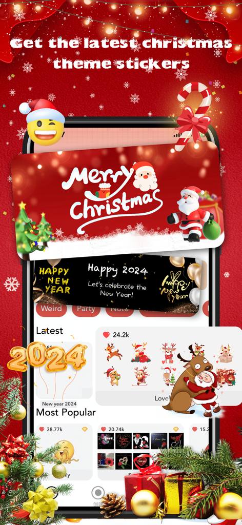 App interface showcasing festive Christmas and New Year stickers including Santa and reindeer themes