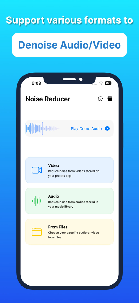 Audio Video Noise Reducer AI - Oberfläche von Audio Video Noise Reducer AI mit Optionen zum Entrauschen von Video- und Audiodateien
