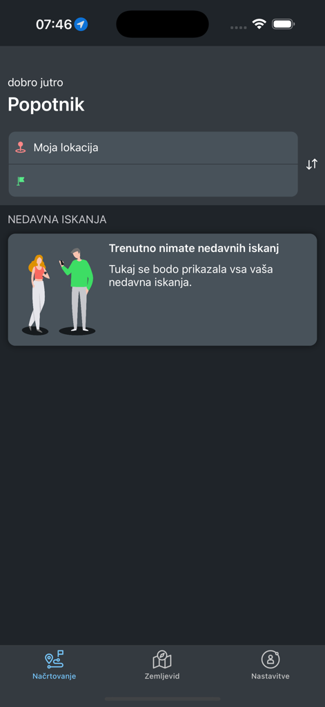The search interface of the SiMO app for planning multimodal travel in Slovenia.