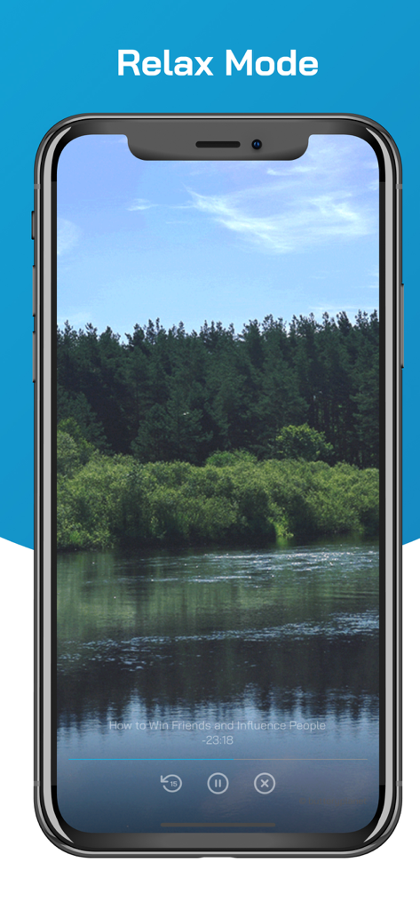 A screenshot of the AudioAZ app Relax Mode showing an audiobook interface with a nature background and playback controls