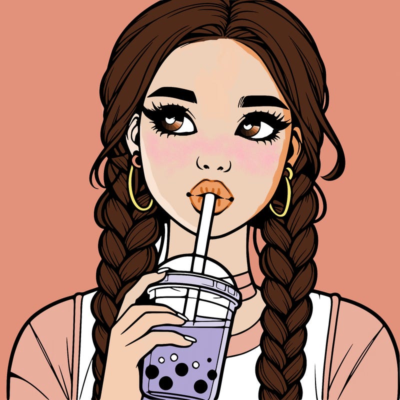 realistic girl with braided hair drinking boba