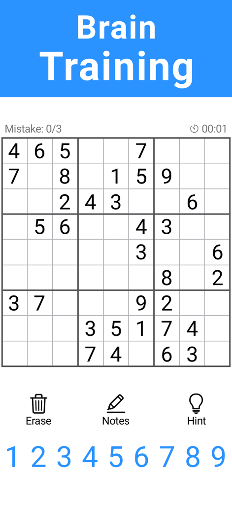 Interfaz de juego de Sudoku clásico con una cuadrícula de puzzle y un encabezado de entrenamiento cerebral.