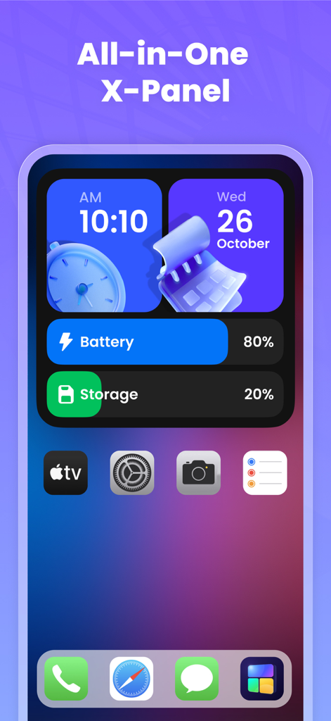 Color Widgets Kit - iWidgets - Aesthetic X-Panel widget displaying system status on an iPhone home screen
