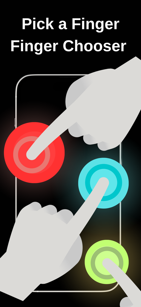 Finger Chooser - Random Finger - Interfaz de la aplicación Finger Chooser que muestra varios dedos tocando la pantalla con círculos brillantes de colores para elegir una persona aleatoria