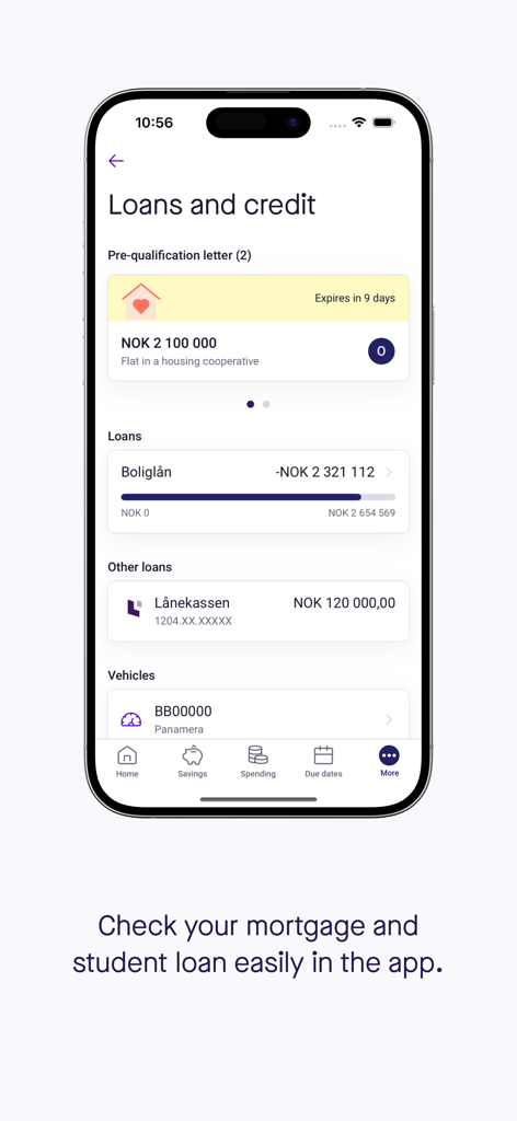 Smartphone screen showing the Sbanken app Loans and credit section with mortgage and student loan details