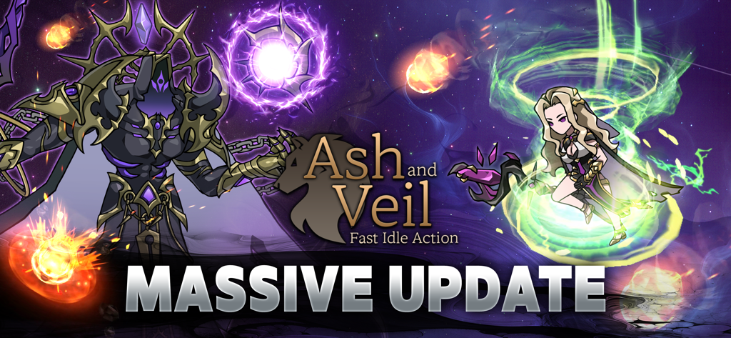 Ash N Veil : Fast Idle Action - Ash and Veil Fast Idle Action promotional banner announcing a massive update with hero characters and magic effects