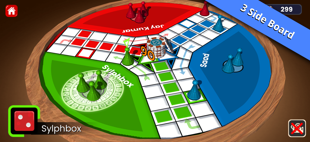 Ultimate Ludo 3D & Dice Board - Gameplay of Ultimate Ludo 3D featuring a 3-player board variant with colorful tokens and a virtual die