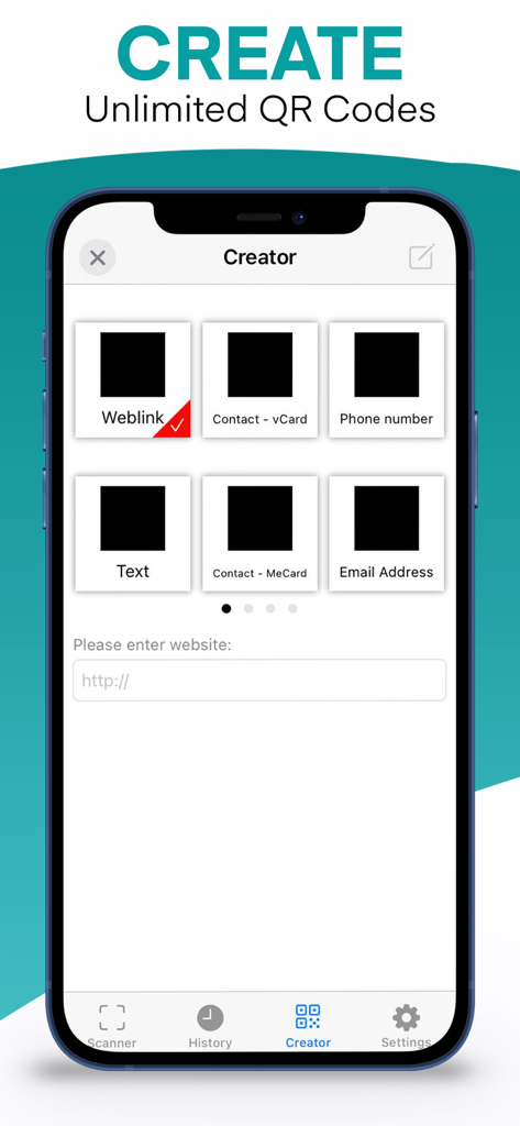 QR Code Scanner & QR Reader - Mobile app screen showing options to create custom QR codes for web links contacts and phone numbers