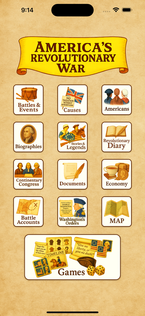 Revolutionary War - The main menu screen of the Revolutionary War app with icons for battles, biographies, and maps.