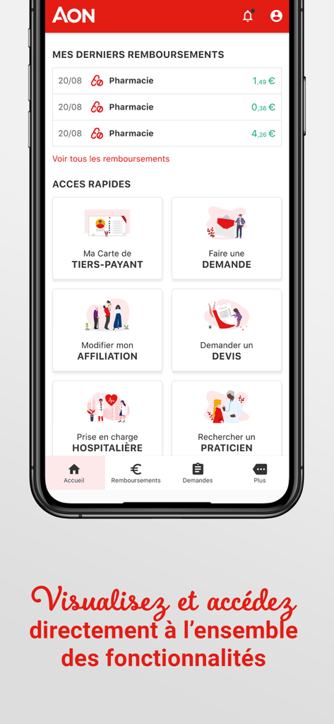 MySante by Aon app dashboard displaying health insurance reimbursements and quick access features