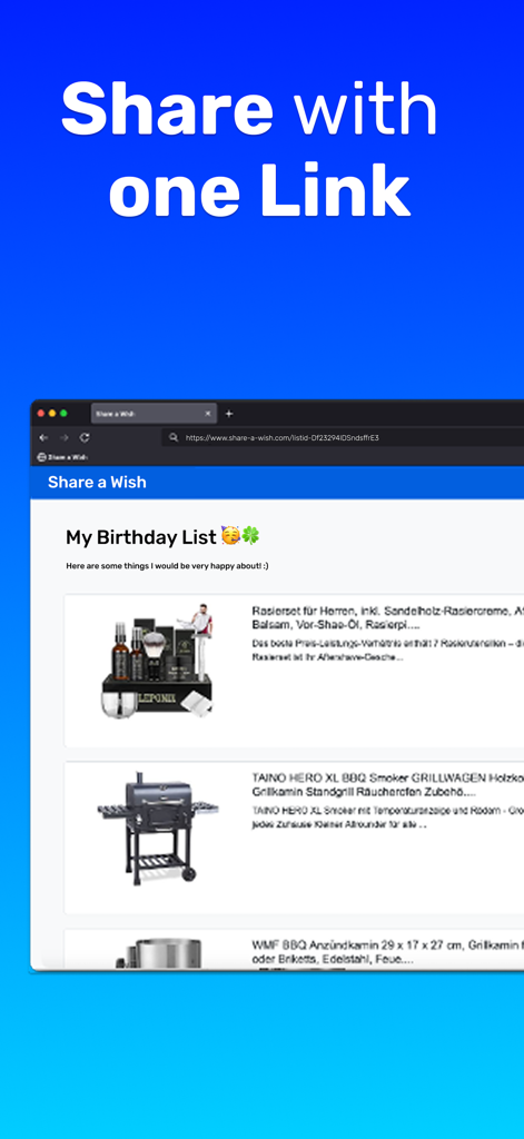 A web browser view of a shared birthday wishlist from the Share a Wish app.
