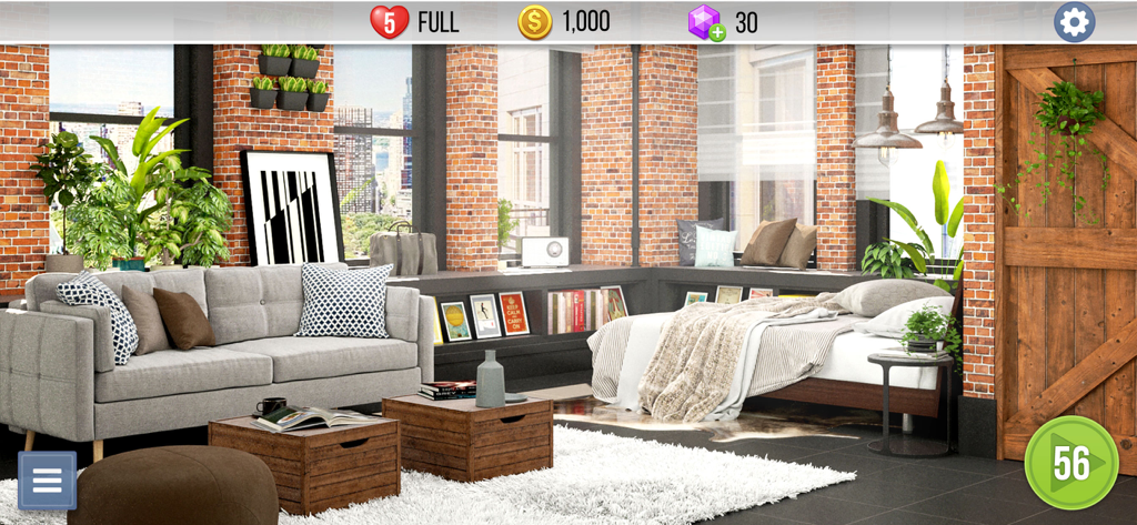 Home Design : Stay Here - Diseño de interiores de loft industrial 3D con paredes de ladrillos y muebles modernos en el juego móvil Home Design Stay Here.