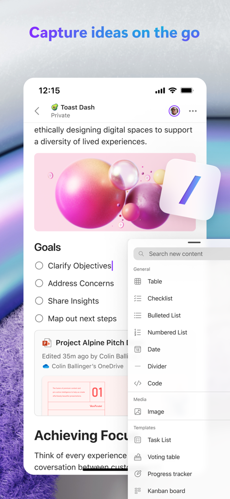 Interface de l'application mobile Microsoft Loop montrant des listes de tâches collaboratives et des outils de création de contenu.