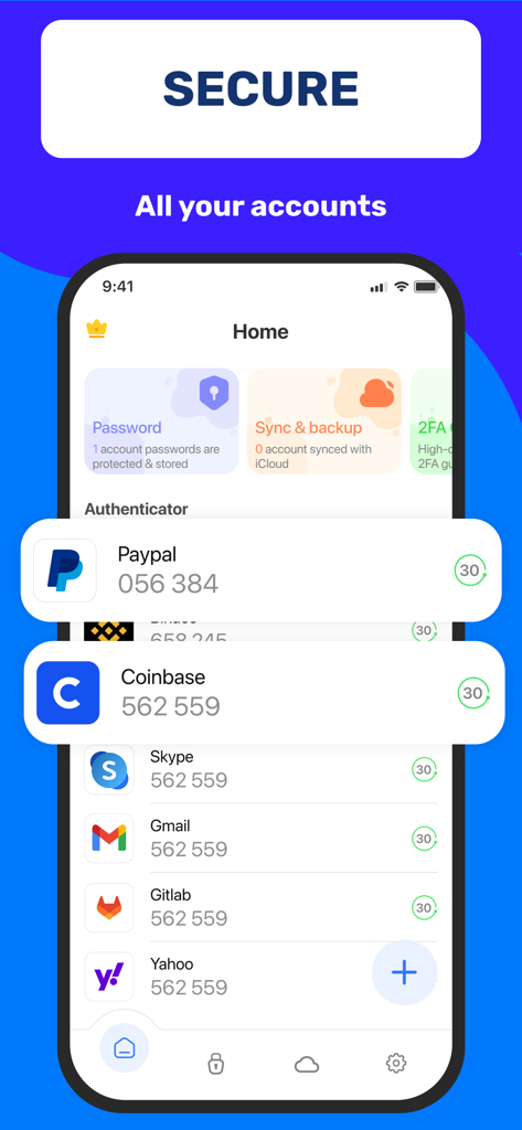 Authenticator App 2FA - Interface de l'application Authenticator affichant les codes 2FA pour plusieurs comptes numériques comme Paypal et Coinbase