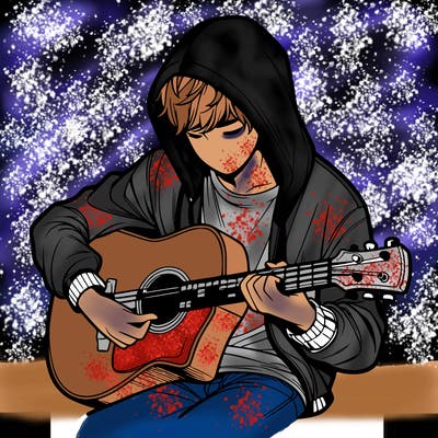 realistic boy in hoodie playing guitar