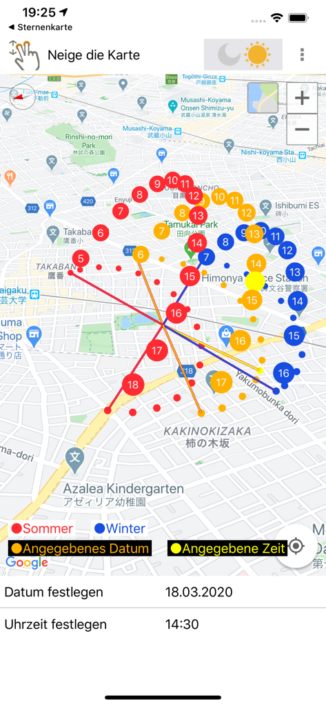 Map view displaying summer and winter sun paths with hourly markers in the Sun position and path app.
