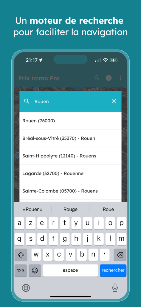 Prix Immo - Vente immobilière - Search engine interface in the Prix Immo app showing city suggestions for property price research