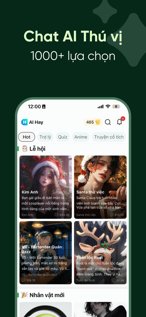 Interface de l'application AI Hay affichant une variété de personnalités de chat IA et de catégories de personnages