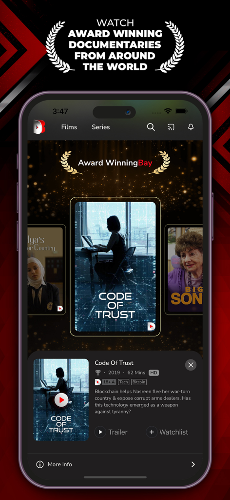 DocuBay - Watch Documentaries - DocuBay App-Oberfläche, die preisgekrönte globale Dokumentationen zeigt