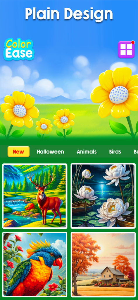 Zen Color App-Oberfläche, die verschiedene Malen nach Zahlen-Kategorien und Kunstwerkbeispiele zeigt