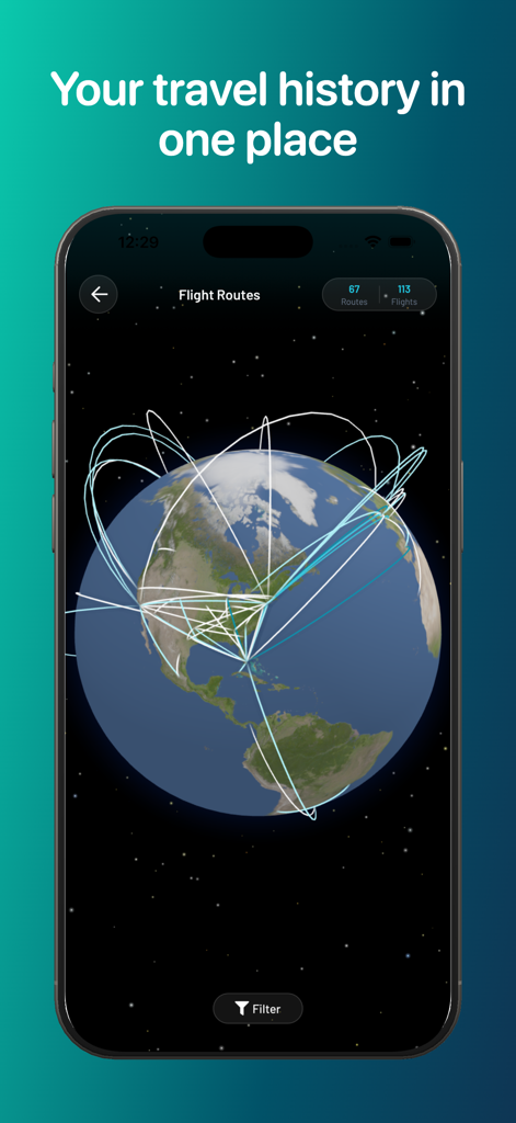Fleet: Planes You’ve Flown - A 3D globe visualization in the Fleet app showing 113 flights and 67 routes across North America.