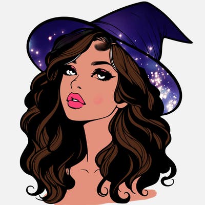 realistic witch girl with wavy hair and lips