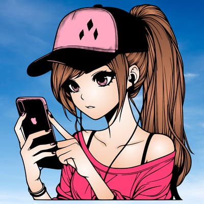 realistic girl with a long ponytail and trucker hat holding an iphone