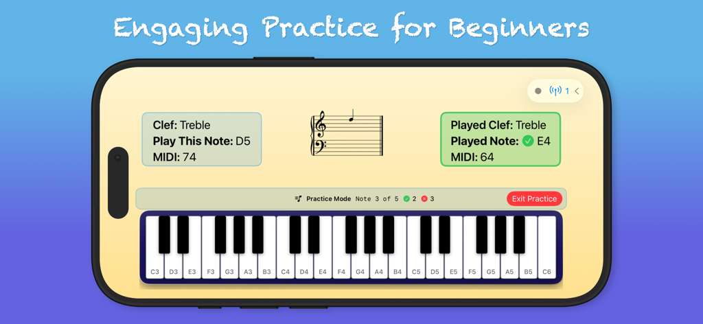 Learn A Note: Note Practice - Interface do aplicativo Learn A Note mostrando um teclado de piano virtual e pauta musical para prática de notas