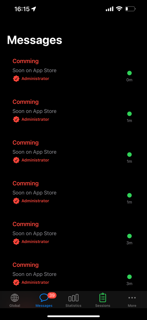 TrackNbet - Screenshot of the messages interface in the TrackNbet app displaying administrator notifications and updates.