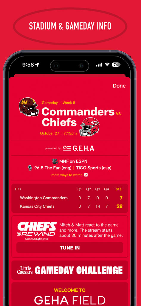 Interfaz de la aplicación de los Kansas City Chiefs que muestra información del día del partido y el puntaje del partido contra los Commanders