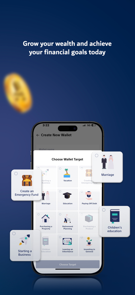 Tamra Capital mobile app interface for choosing financial investment goals like marriage and education