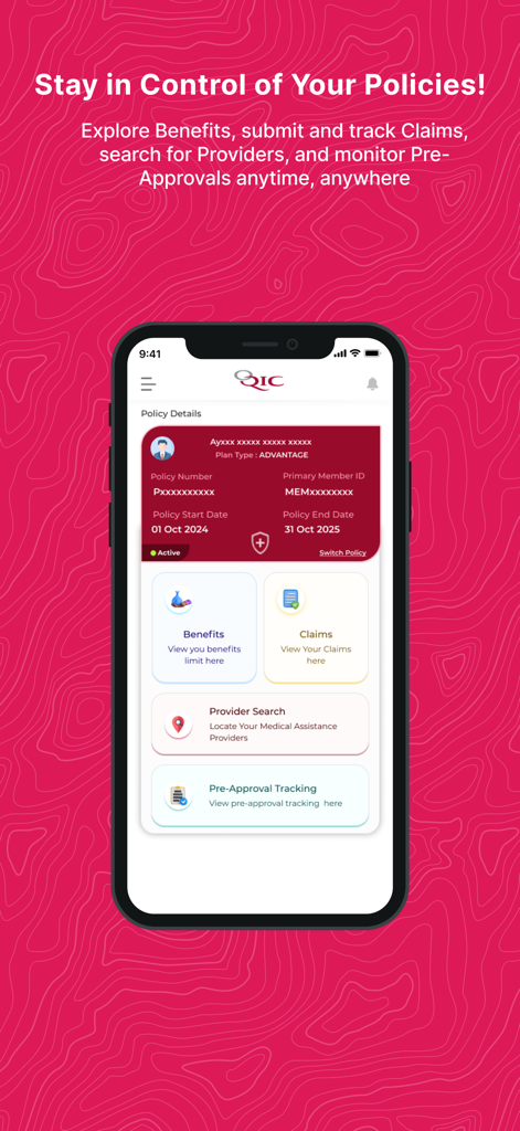 OQIC Medical App-Oberfläche, die Versicherungsdetails, Leistungen und Schadensverfolgung anzeigt